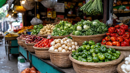 Obraz premium Fresh vegetables in vibrant colors displayed in woven baskets at traditional market