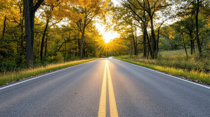 Fototapeta premium Golden sunset illuminates peaceful road lined with trees, creating serene atmosphere