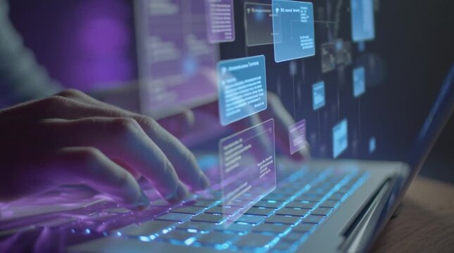 A seamless animation showing fingers interacting with a holographic messaging UI, featuring floating AI conversation bubbles in a futuristic digital interface.