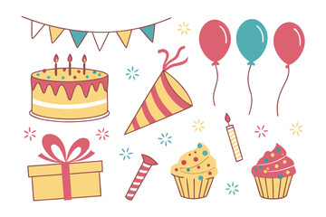 Celebratory Illustration: A festive illustration presents essential birthday items in a delightful and inviting style, perfect for various celebratory occasions.