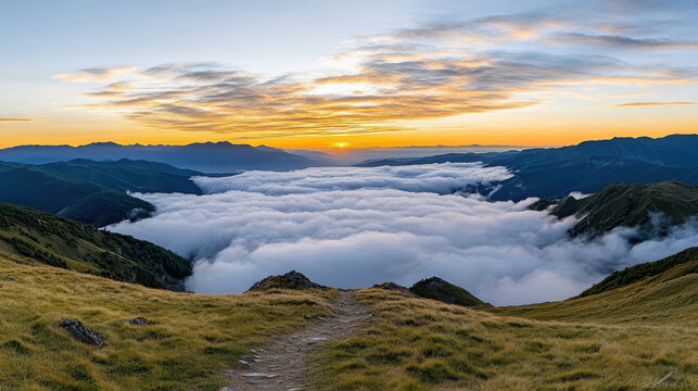 Majestic sunrise over rolling hills, with clouds blanketing valley below, creating serene