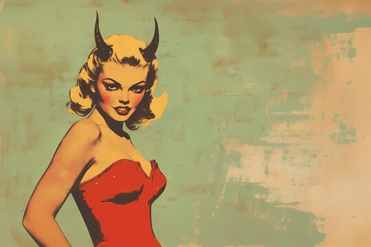 Woman devil in pop art style with horns and red dress. Retro pin-up girl for Halloween party invitation, horror event poster.