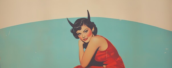 Woman dressed as a she devil in a bright red dress, illustration in a retro comic book or pin up style. Fantasy and halloween concept for a greeting card.