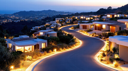 Luxurious houses illuminated at dusk along winding road, showcasing serene landscape