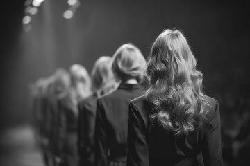 Black and white fashion show. Women in elegant jackets, walking, long wavy hair. Blurred background