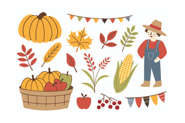 Harvest bounty: A collection of autumnal harvest elements including pumpkins, apples, corn, and a farmer, celebrating the season's abundance in a charming illustration.