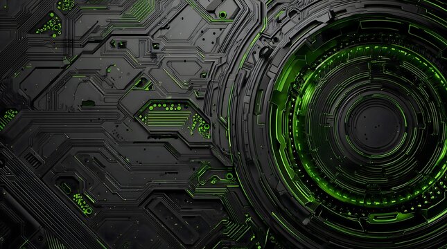 Detailed close-up of a textured black and green futuristic circuit board with glowing elements and intricate patterns, suggesting advanced technology for gaming and digital innovation.