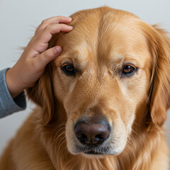 Girl's Hand Gently Drawing on Golden Retriever Fur in Peaceful Moment. 8k.