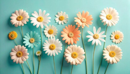 Obraz premium Beautiful assortment of daisies on trendy pastel blue background evokes feelings of springtime joy