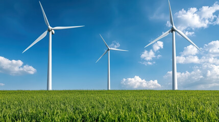 Green grass field with wind turbines under clear blue sky, showcasing renewable energy