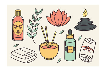 Spa Essentials: A collection of spa essentials are beautifully arranged, including aromatic oils, calming candles, soft towels, and a blooming lotus flower.