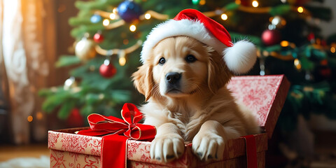 Golden Retriever Puppy in Santa Hat and Gift Box

