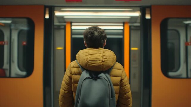 Man with backpack boarding subway train with orange doors and modern design, urban scene