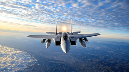 Fighter jet soaring through sky, showcasing powerful engines and stunning clouds