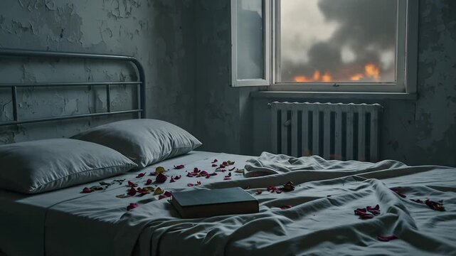 Dramatic bedroom interior fire scene