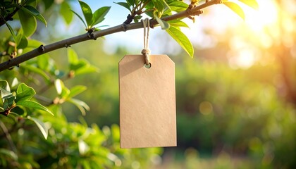 A blank, tan tag hangs from a tree branch with green leaves, bathed in sunlight.