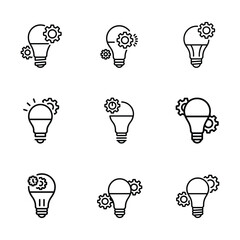 Collection of nine stylized light bulb icons with gears symbolizing innovation and mechanical ideas