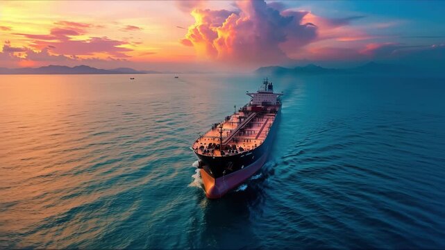 Aerial view of a big LNG or fossil fuel tanker ship traveling over the ocean during sunset. Oil tanker at sea