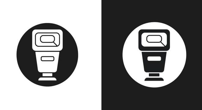 A black and white icon of a camera speedlight flash unit presented in positive and negative circular designs.
