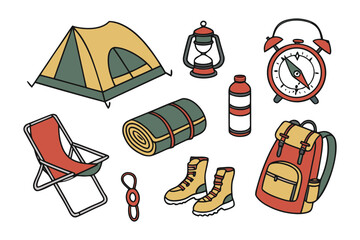 Camping Essentials: A vibrant illustration of essential camping gear, set against a clean backdrop, perfect for outdoor enthusiasts.
