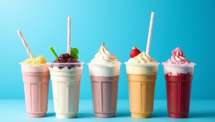 Row of colorful milkshakes with straws on turquoise background, sweet summer treats