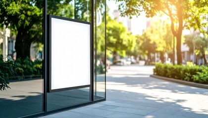 Blank billboard advertisement on a modern building facade, surrounded by greenery and city streets.