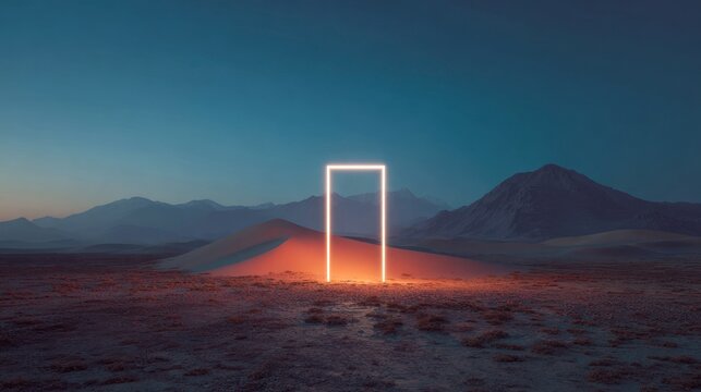 Surreal desert scene at dusk featuring a glowing rectangular portal in a vast, mountainous landscape