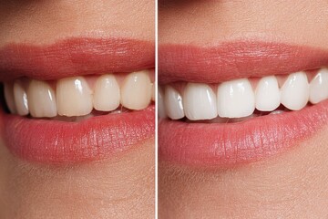 Two panels showing before and after teeth whitening, close up. Use this to illustrate dental care, cosmetic dentistry, or teeth whitening.