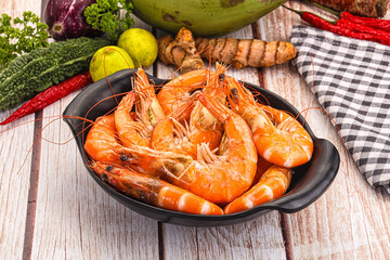 Tasty hot big boiled prawns