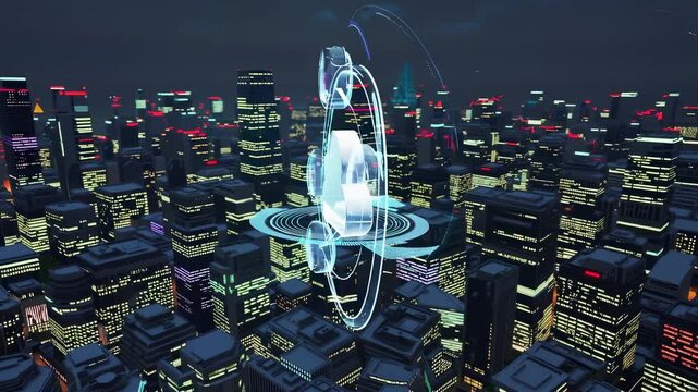 Futuristic city with glowing cloud hub. Digital network links show data connectivity. Technology powers infrastructure. City communication highlights cloud computing. Network connectivity data digital