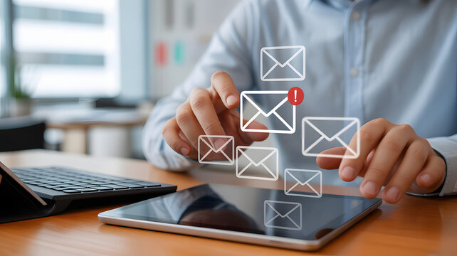 Man's hand interacting with digital email notifications on tablet, modern communication concept - Powered by Adobe