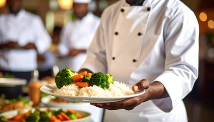 Chef serving a plate of rice and vegetables