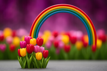 Vibrant rainbow arch over a cluster of red yellow and pink tulips flowers spring