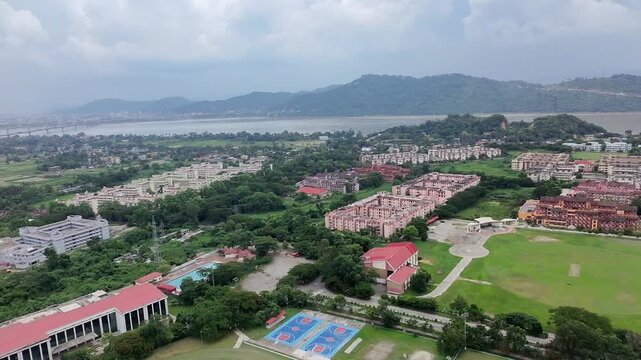 Aerial view of IIT Guwahati and Brahmaputra river 