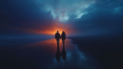 Silhouetted couple walking along a misty beach at dusk
