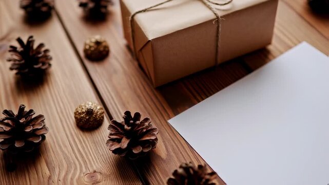 Christmas Gift on Wooden Table with Pine Cones