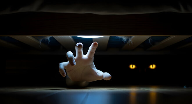 A child's imagination conjures fearsome monsters lurking under the bed in the darkness