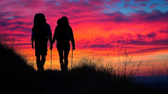 Silhouetted hikers walking hand-in-hand at sunset