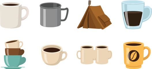 Coffee mugs camping tent and cups illustration