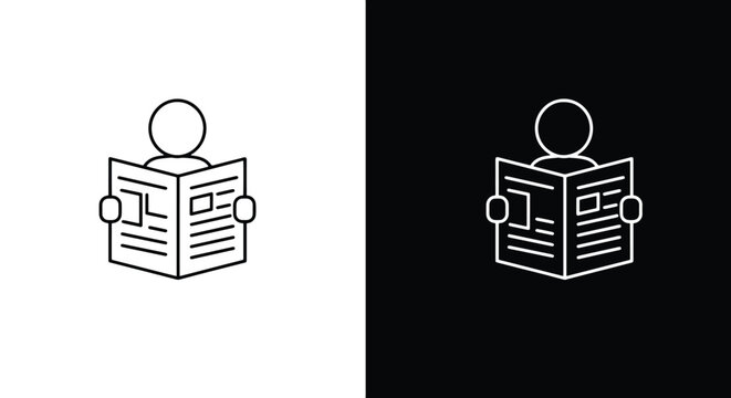 A minimalist line icon of a person reading a newspaper, shown in black and white versions.