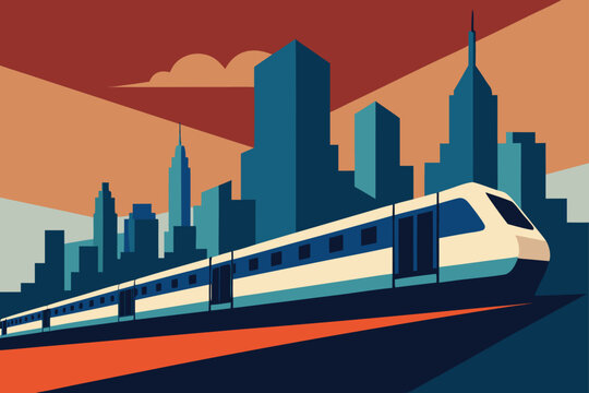 l train running in foreground of skyline  .eps