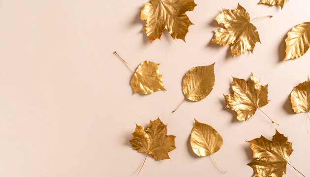 Minimal autumn background with warm beige tones, scattered golden leaves, soft shadows, neutral flat surface with copy space, perfect for Instagram posts, product placement, or modern seasonal ads.