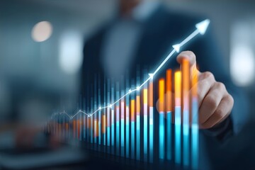 A man in a suit points to a glowing, colorful bar graph with an upward arrow.