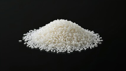A flat heap of raw white rice grains set on a black surface.