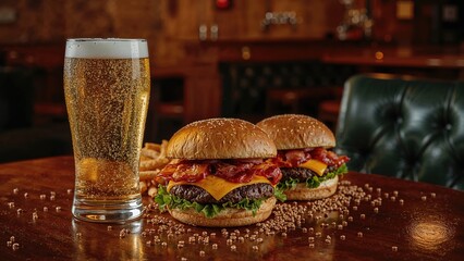 A glass filled with fresh pale beer with gourmet hamburgers, wheat and barley in a moody pub environment