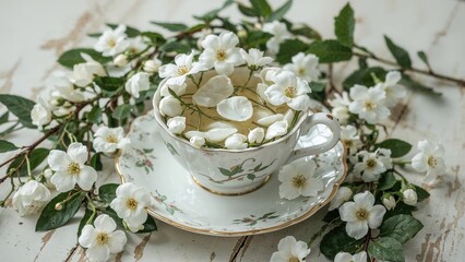 Jasmine tea in a cup with a circle of white rose petals, jasmine flowers, and foliage. Card design for Valentine's and Mother's Day.