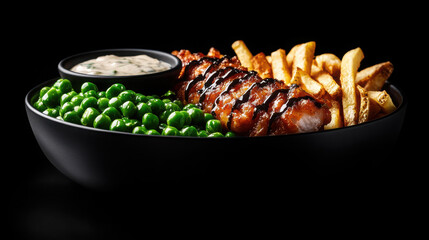 Grilled Chicken Breast with Peas and Crispy French Fries on Black