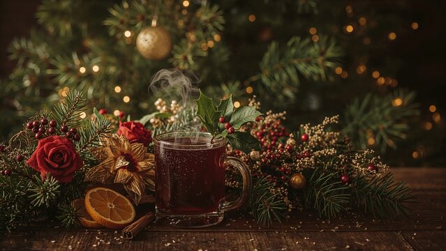Magical winter holiday photo displaying mulled wine surrounded by festive flowers and evergreen foliage. Still-life capture.