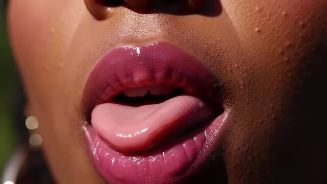 Close Up of a Woman's Face Featuring Glossy Pink Lips and Visible Tongue Perfect for Beauty Cosmetic Promotions and Skin Care Advertisement with Natural Skin Texture and a Focus on Hydration and
