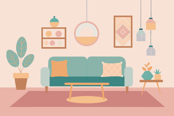 Fototapeta premium living room in pastel theme with boho decor (1).eps